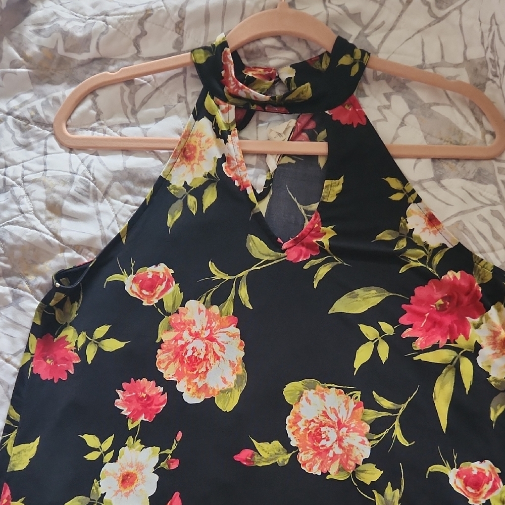 Floral Halter Neck Blouse - Black and Pink